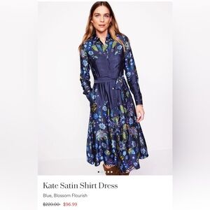 NWT Boden Satin Shirt Dress - Blue Blossom Flourish